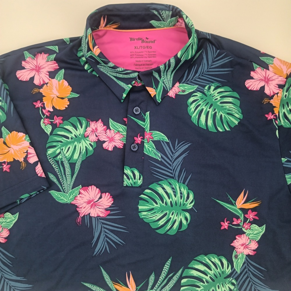 Birdie Bound Mens XL Tropical Floral Golf Polo Shirt Navy Blue Hibiscus Stretch